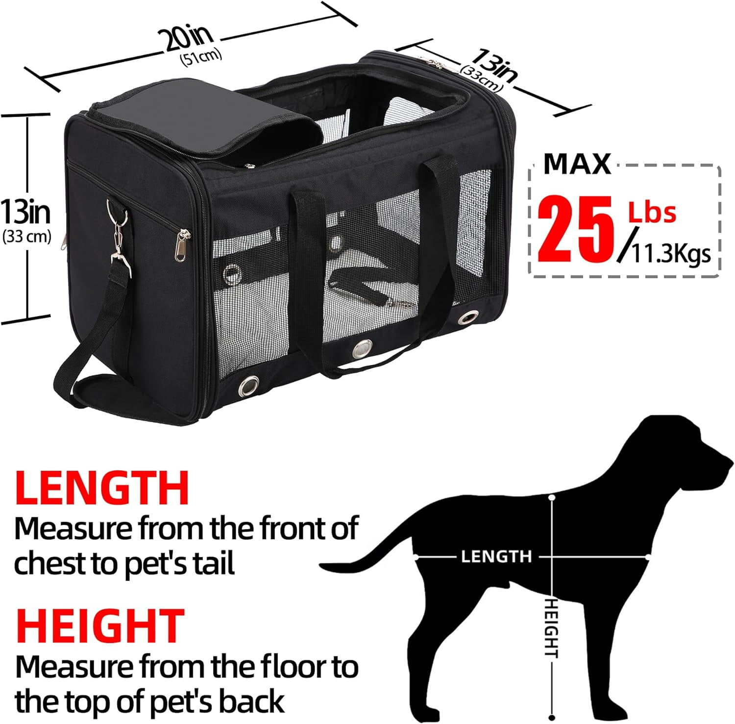Soft Sided Pet Carrier with Mesh Windows, Collapsible Dog Cat Bag for Travel Up to 25 Lbs - Black