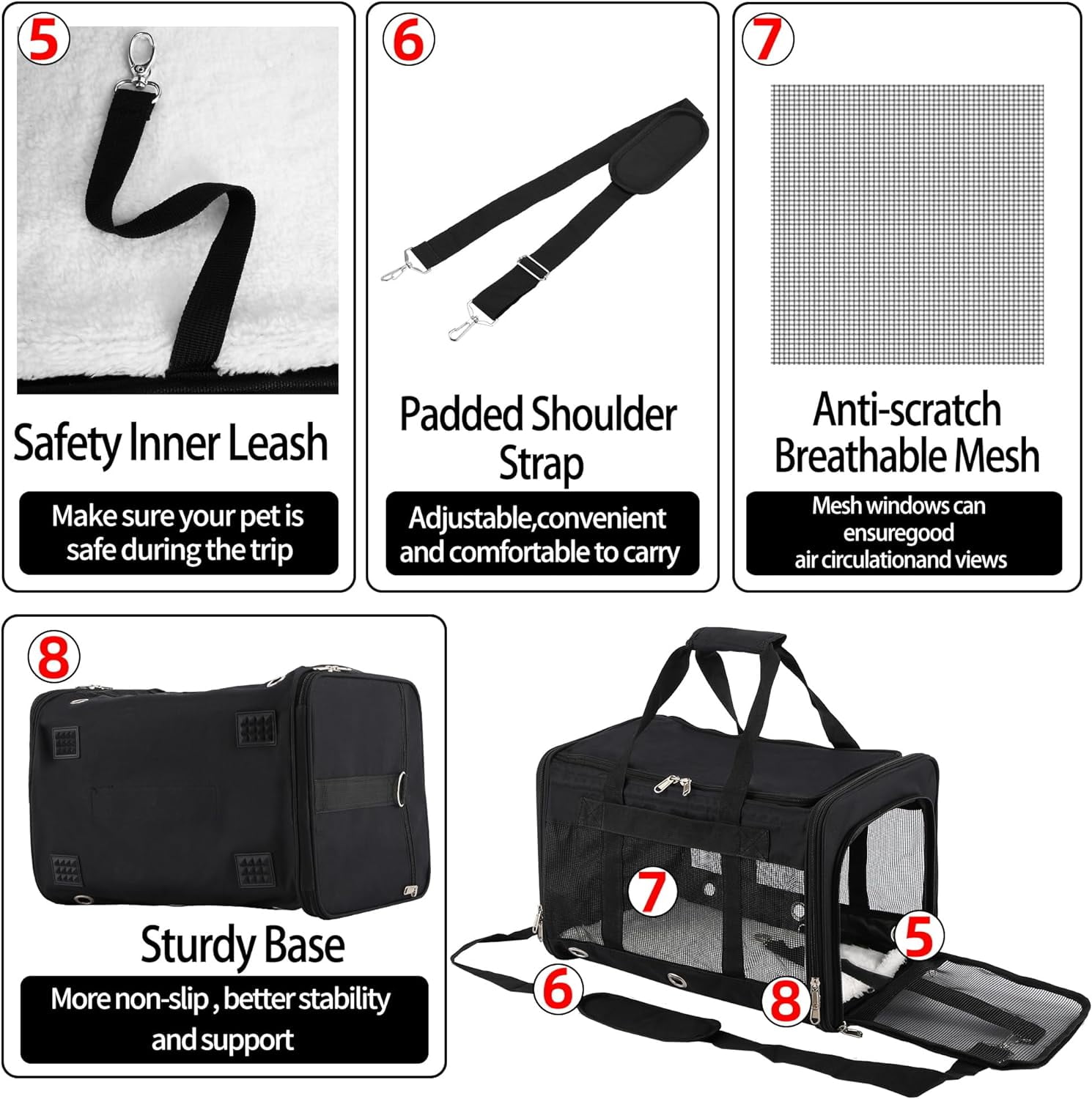 Soft Sided Pet Carrier with Mesh Windows, Collapsible Dog Cat Bag for Travel Up to 25 Lbs - Black - Image 4