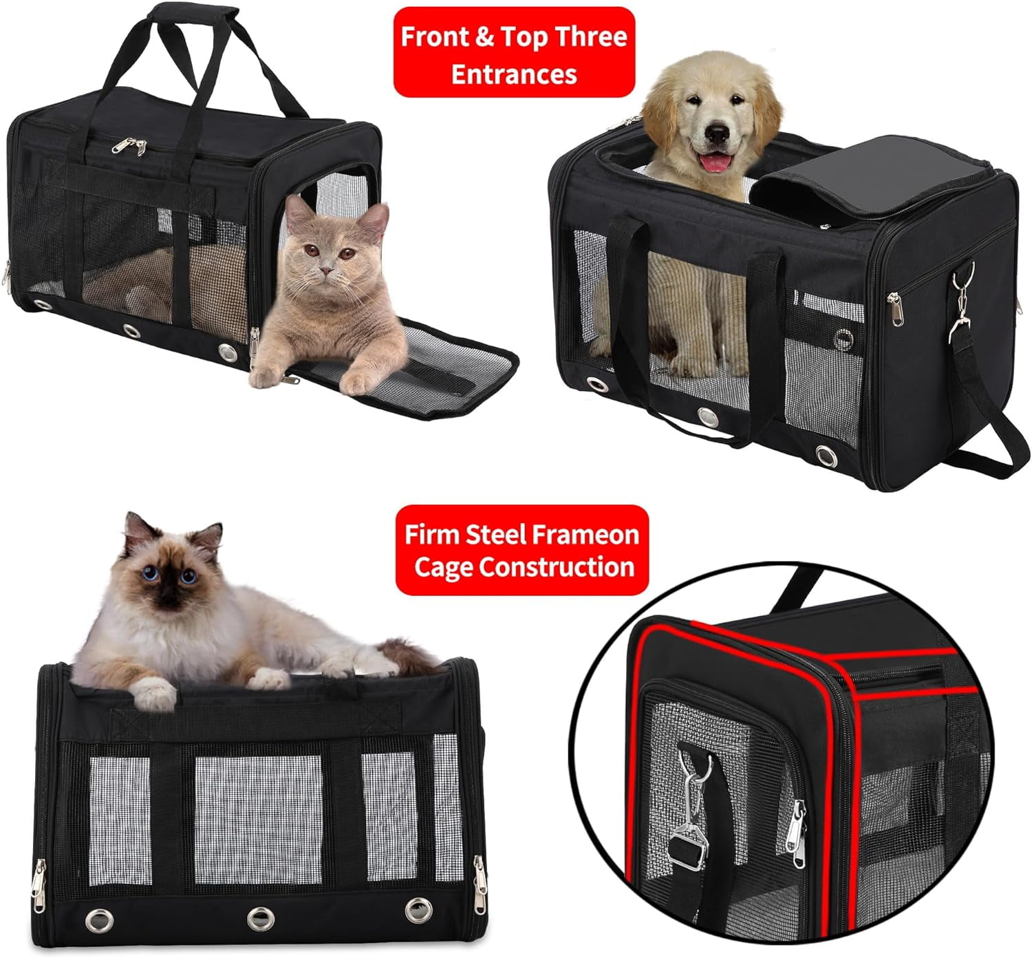 Soft Sided Pet Carrier with Mesh Windows, Collapsible Dog Cat Bag for Travel Up to 25 Lbs - Black - Image 5