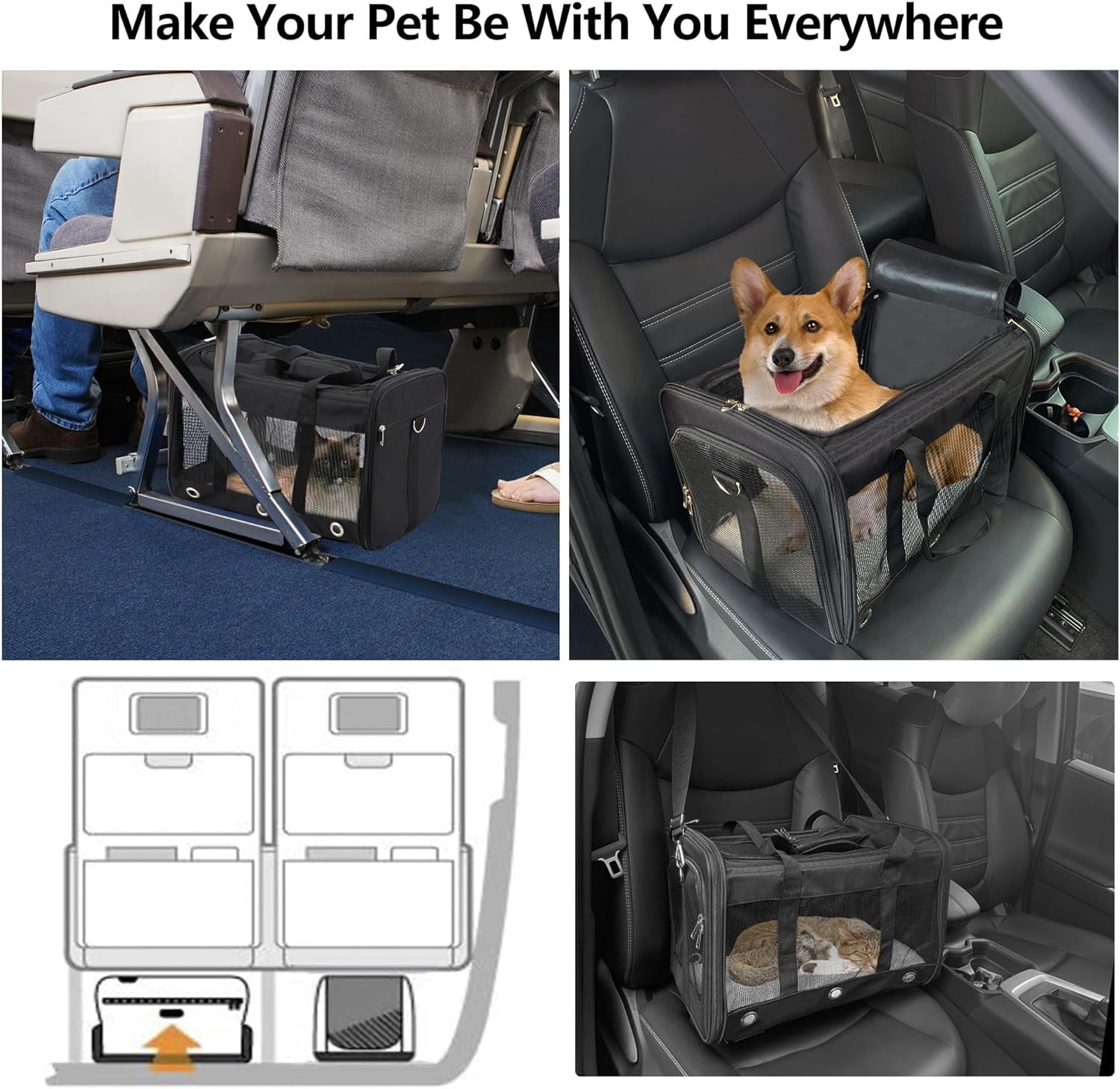 Soft Sided Pet Carrier with Mesh Windows, Collapsible Dog Cat Bag for Travel Up to 25 Lbs - Black - Image 6