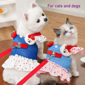 Denim Dog Dress Harness with Leash Set, Cute Small Dogs Clothes with Heart Pattern, Breathable Mesh Puppy Dress & Harness for Chihuahua Yorkie, Strawberry White Heart, Medium