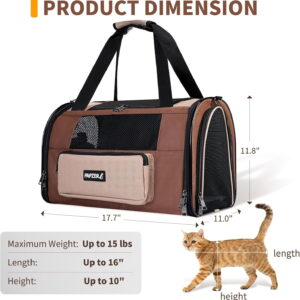 Collapsible Small Pet Carrier for Cat 15 lbs with Fashion Pocket, Lightweight Sturdy Travel Carry Bag Little Puppy Dog, Breathable Stylish Kitten Soft Cage Kennel, 17.7x11.0x11.8 Inch Khaki