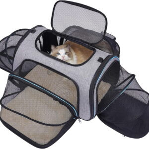 4 Sides Expandable Pet Carrier, Airline Approved Soft-Sided   Carrier Bag with Fleece Pad for Cats, Puppy and Small  (4 Extension Gray_Blue, L:18.0" L x 11.0" W x 11.0" H)