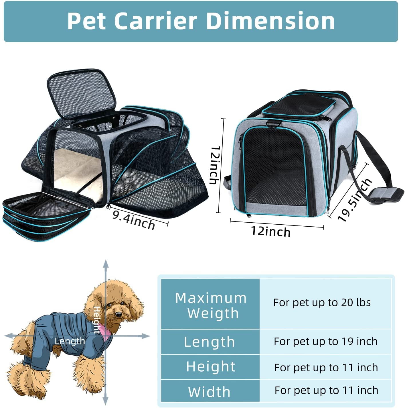 Cat/Dog Airline Approved Expandable Pet Carrier for Small Pets - Removable Pad, Pockets, TSA Compliant