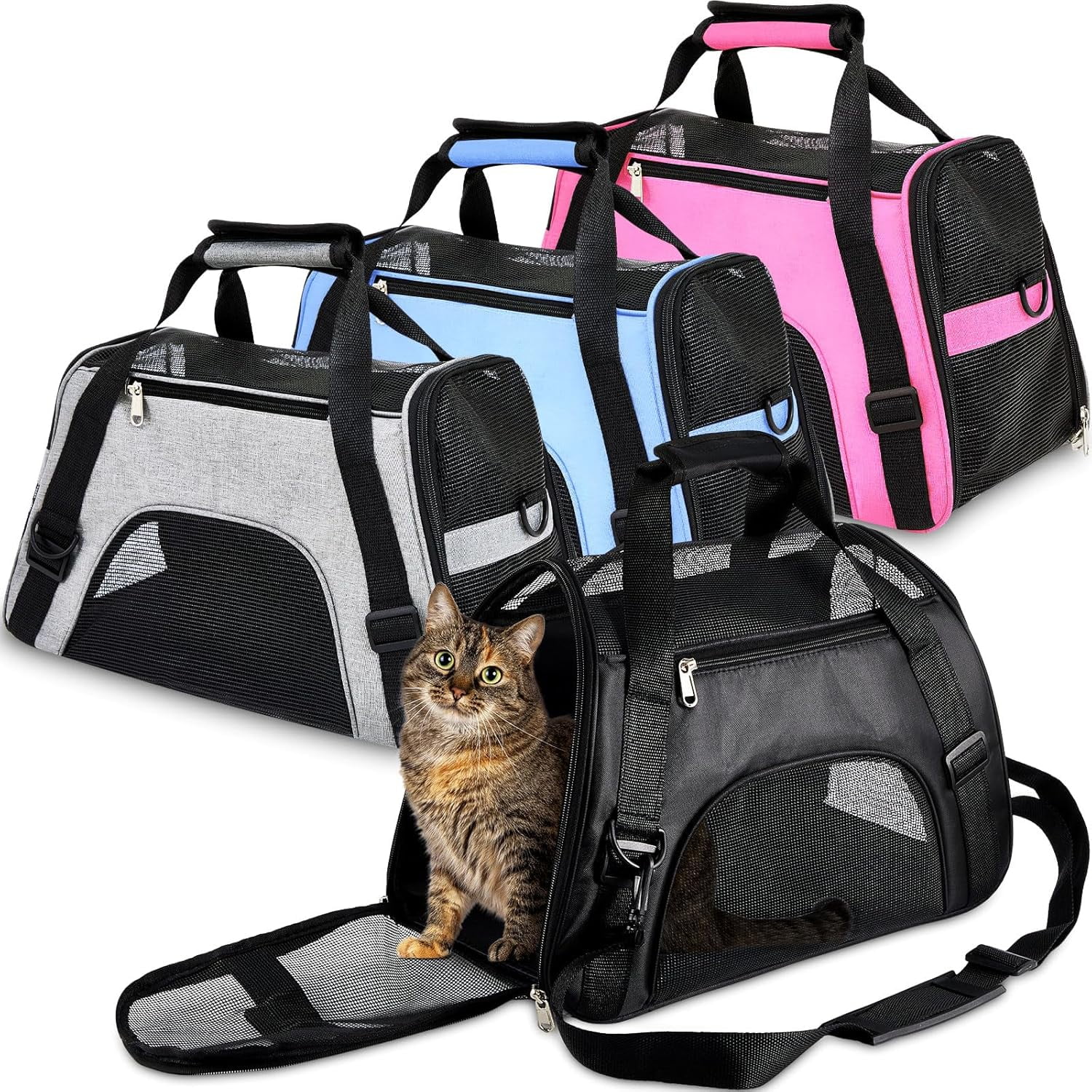 4 Pcs Cat Carrier Soft-Sided Pet Carrying Bag for Cat Under 13 Lbs, 16.9 x 11x 7.5 Inch, Portable Foldable Comfortable Bag for Small Pet Travel(Rose Red, Blue) - Image 9