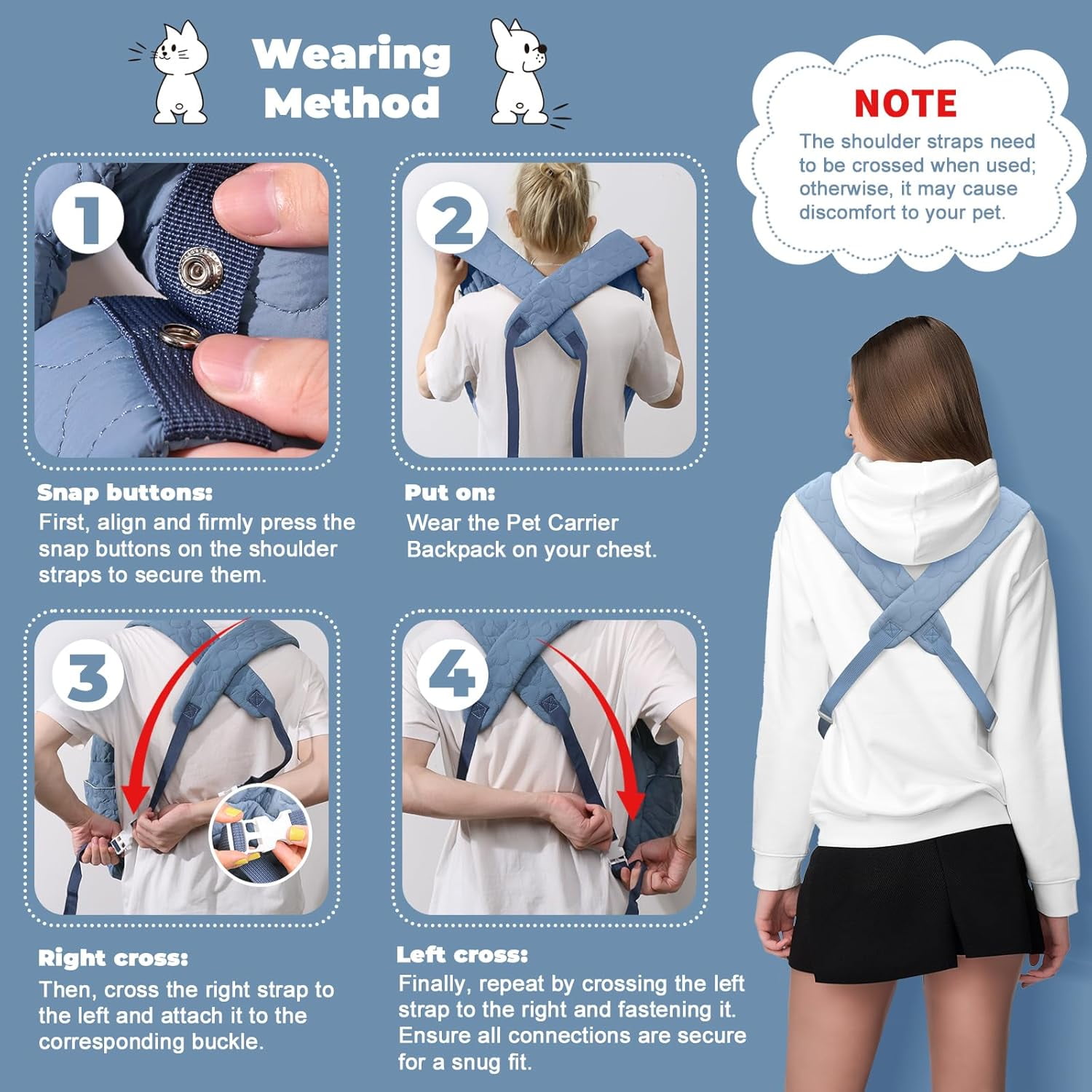 Pet Carrier Backpack, Adjustable Pet Front Cat Dog Carrier Backpack Travel Bag for Small Medium Dogs Cats and Rabbits, Safety Strap with Removable Bottom Plate for Camping Hiking Traveling - Image 7