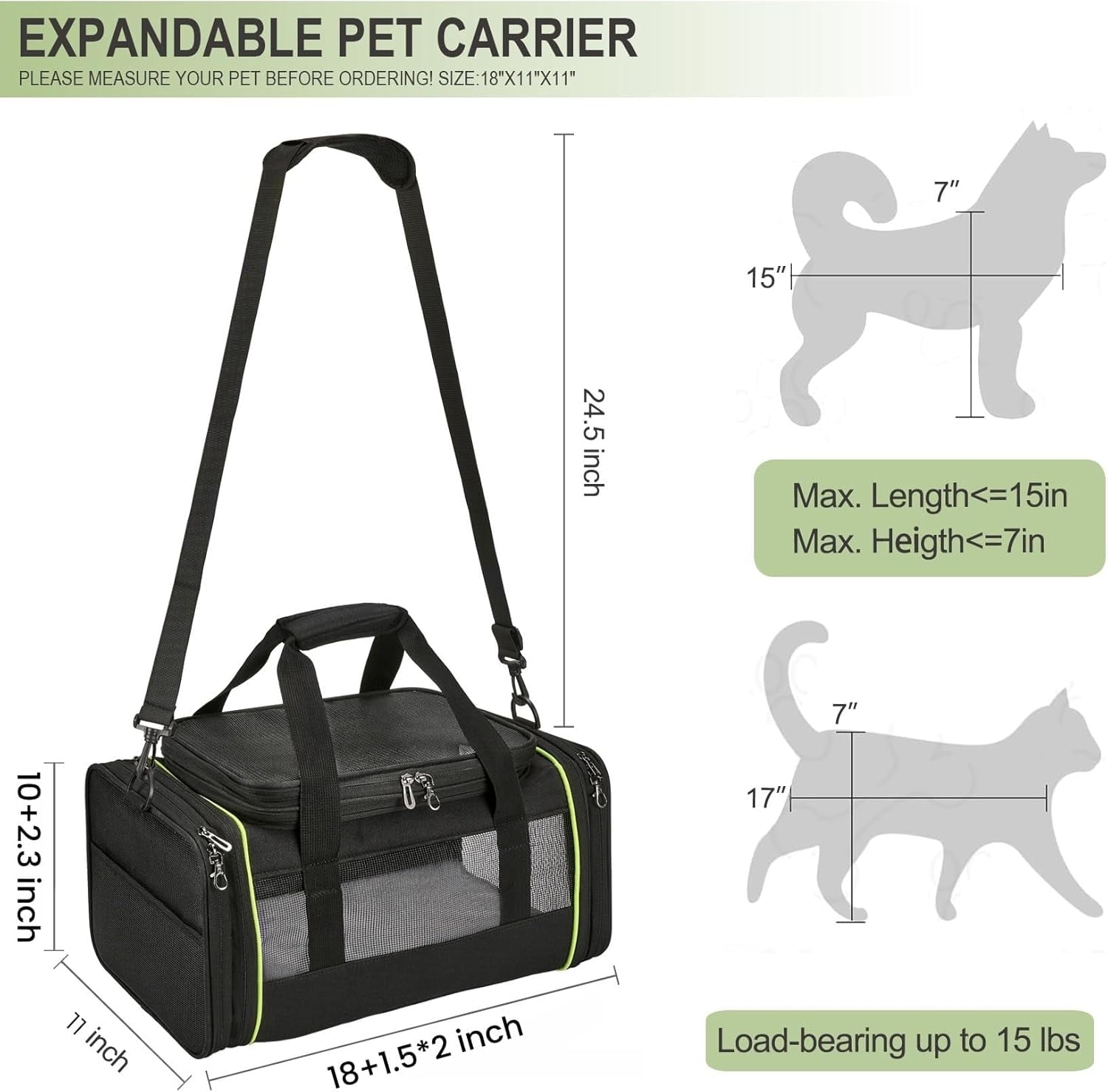Airline Approved Pet Carrier for Small Dogs & Cats | Soft-Sided Lightweight Collapsible Travel Carrier with Ventilation Mesh(Fits Under Airplane Seat, 16")(Black) - Image 3