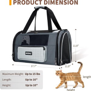 Collapsible Small Pet Carrier for Cat 15 lbs with Fashion Pocket, Lightweight Sturdy Travel Carry Bag Little Puppy Dog, Breathable Stylish Kitten Soft Cage Kennel, 17.7x11.0x11.8 Inch Grey