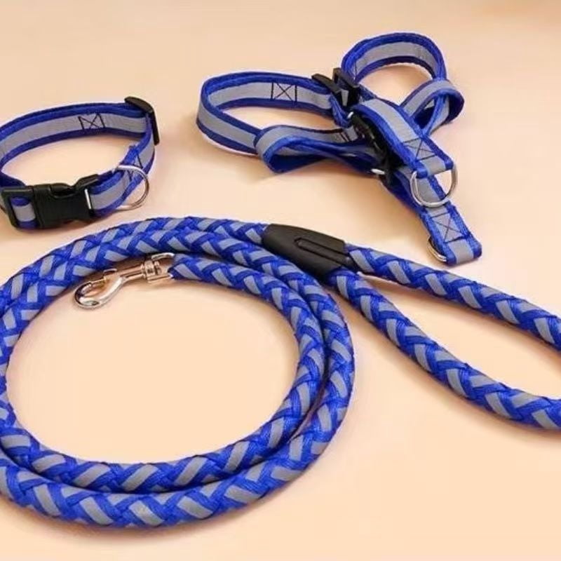 3-piece set of reflective round rope, chest/back harness, collar for dogs. Reflective leash chain, pet collar, small carrier, Golden Retriever, Teddy Bear. Pet accessories, rope.