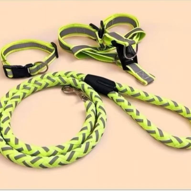 3-piece set of reflective round rope, chest/back harness, collar for dogs. Reflective leash chain, pet collar, small carrier, Golden Retriever, Teddy Bear. Pet accessories, rope. - Image 2