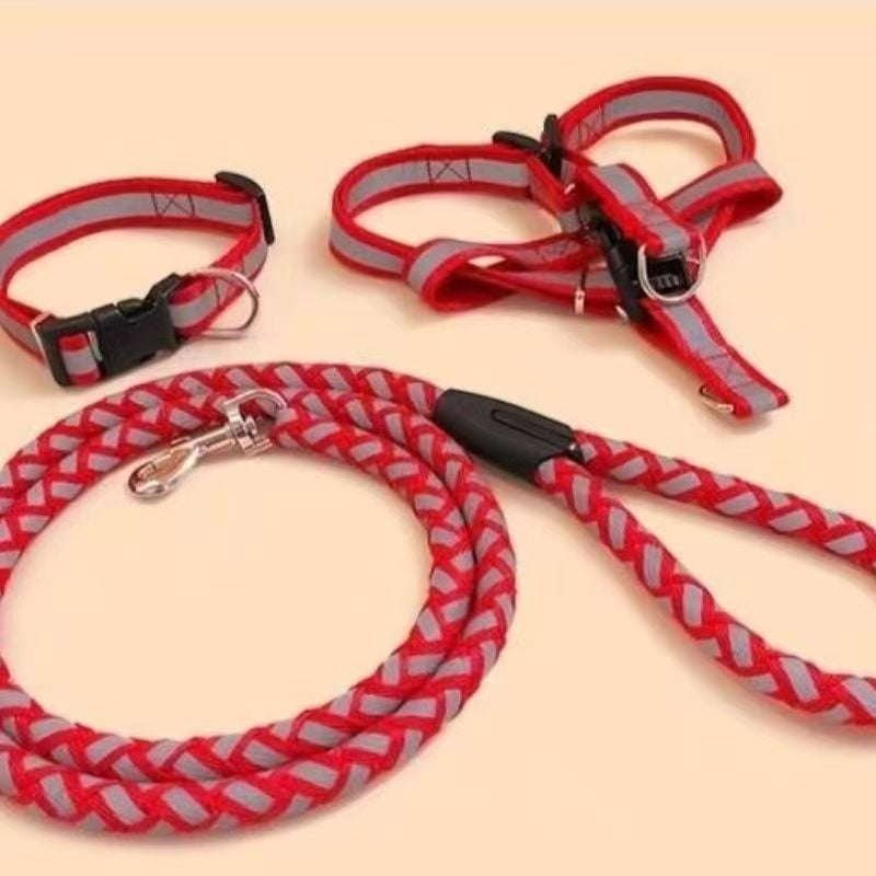 3-piece set of reflective round rope, chest/back harness, collar for dogs. Reflective leash chain, pet collar, small carrier, Golden Retriever, Teddy Bear. Pet accessories, rope. - Image 4