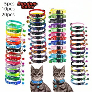 5/10/20pcs Random Colored Polyester Reflective Pet Collar – Adjustable Cat & Dog Collar with Paw Print Pattern and Clear Bell, Suitable for All Neck Sizes