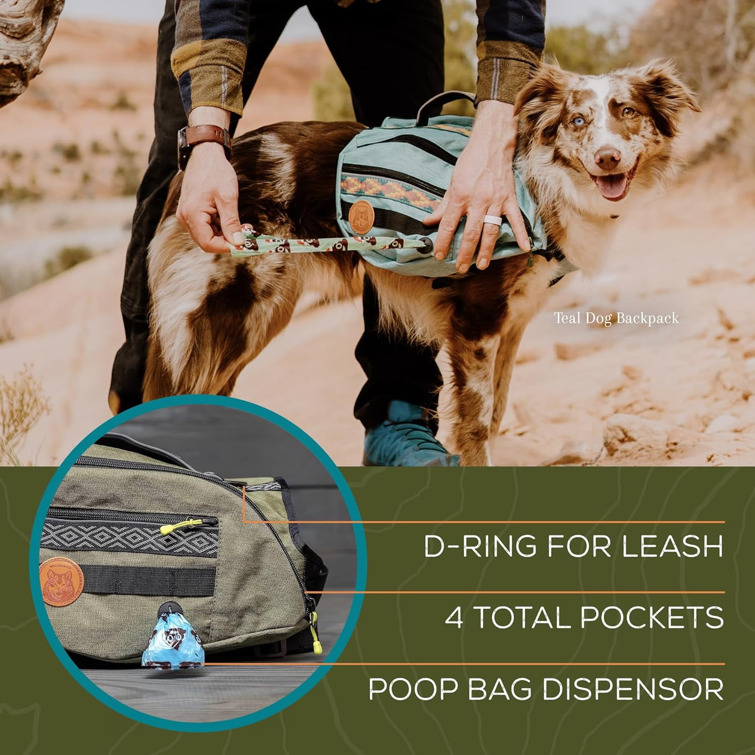 Dog Backpack with Built in Harness and Back-Mounted D-Ring Leash Attachment, Handle, Two Saddlebags with 4 Total Pockets, Built in Poop Bag Dispenser (Huckleberry, Large) - Image 3