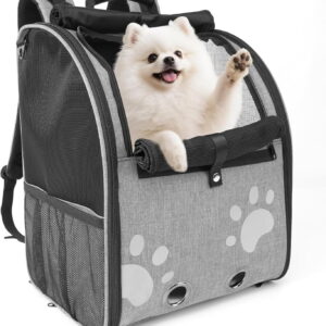 Cat Backpack Carrier, Breathable Cat Carrier Large Space UP 15 lb, Large Reflective Pet Carrier Backpack, Ventilated Mesh Dog Travel Pet Backpack for Hiking Walking Outdoor (Grey).