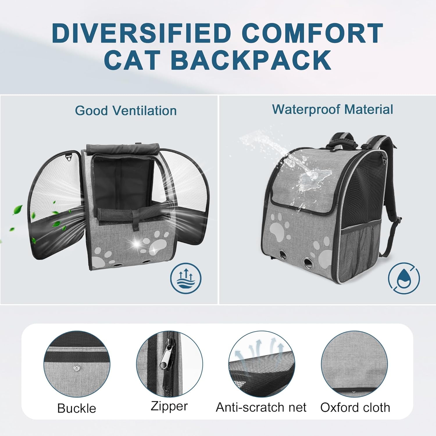 Cat Backpack Carrier, Breathable Cat Carrier Large Space UP 15 lb, Large Reflective Pet Carrier Backpack, Ventilated Mesh Dog Travel Pet Backpack for Hiking Walking Outdoor (Grey). - Image 2