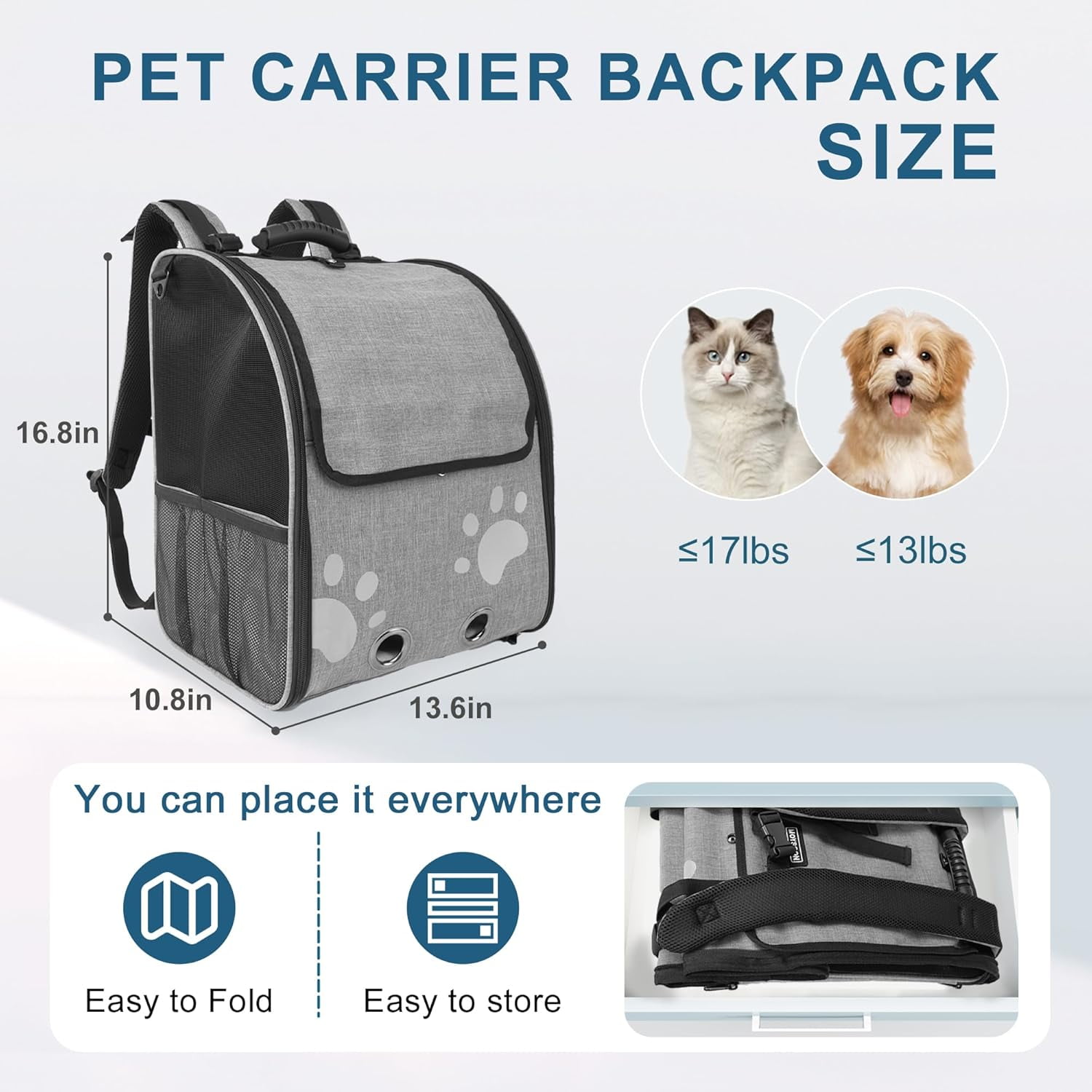Cat Backpack Carrier, Breathable Cat Carrier Large Space UP 15 lb, Large Reflective Pet Carrier Backpack, Ventilated Mesh Dog Travel Pet Backpack for Hiking Walking Outdoor (Grey). - Image 4