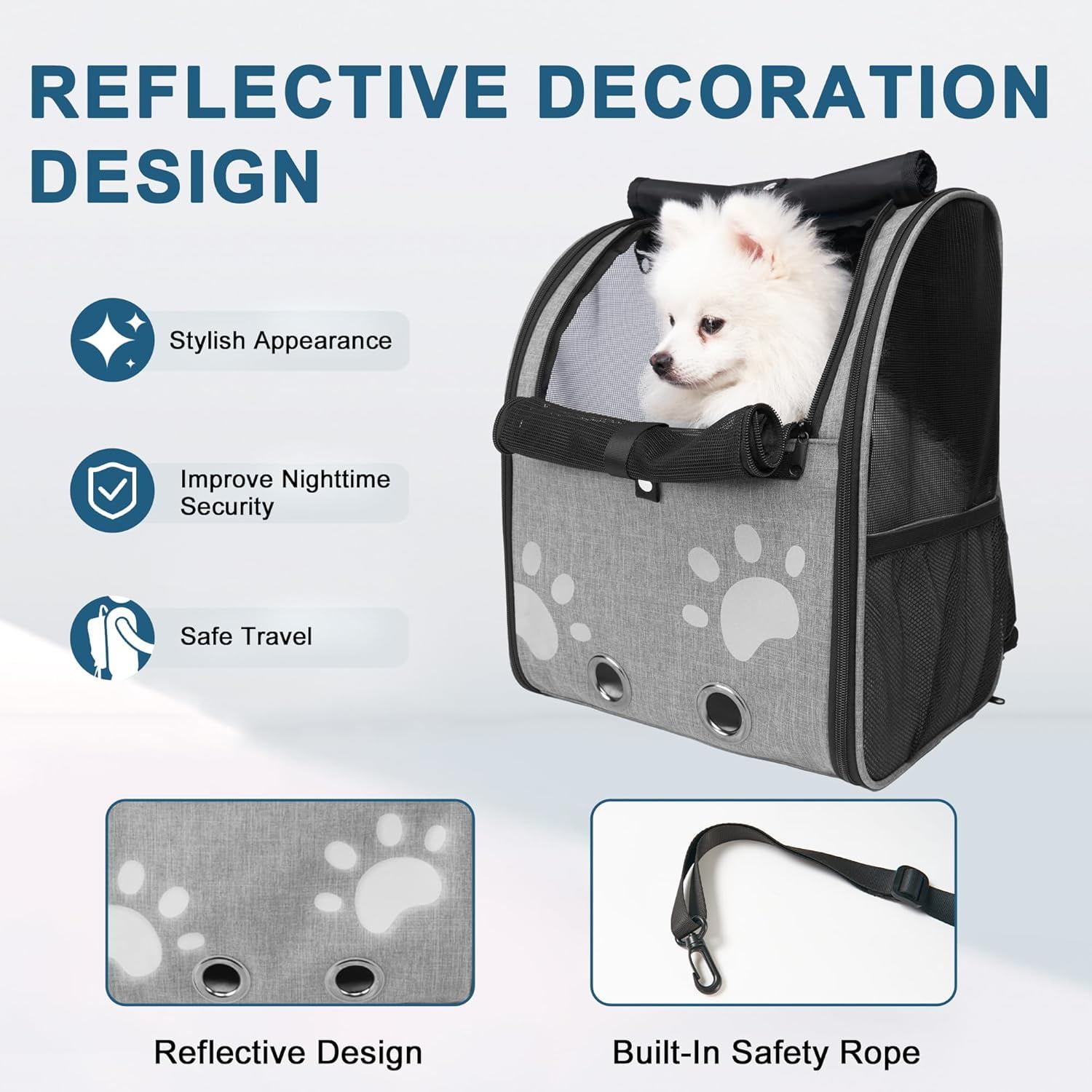 Cat Backpack Carrier, Breathable Cat Carrier Large Space UP 15 lb, Large Reflective Pet Carrier Backpack, Ventilated Mesh Dog Travel Pet Backpack for Hiking Walking Outdoor (Grey). - Image 6