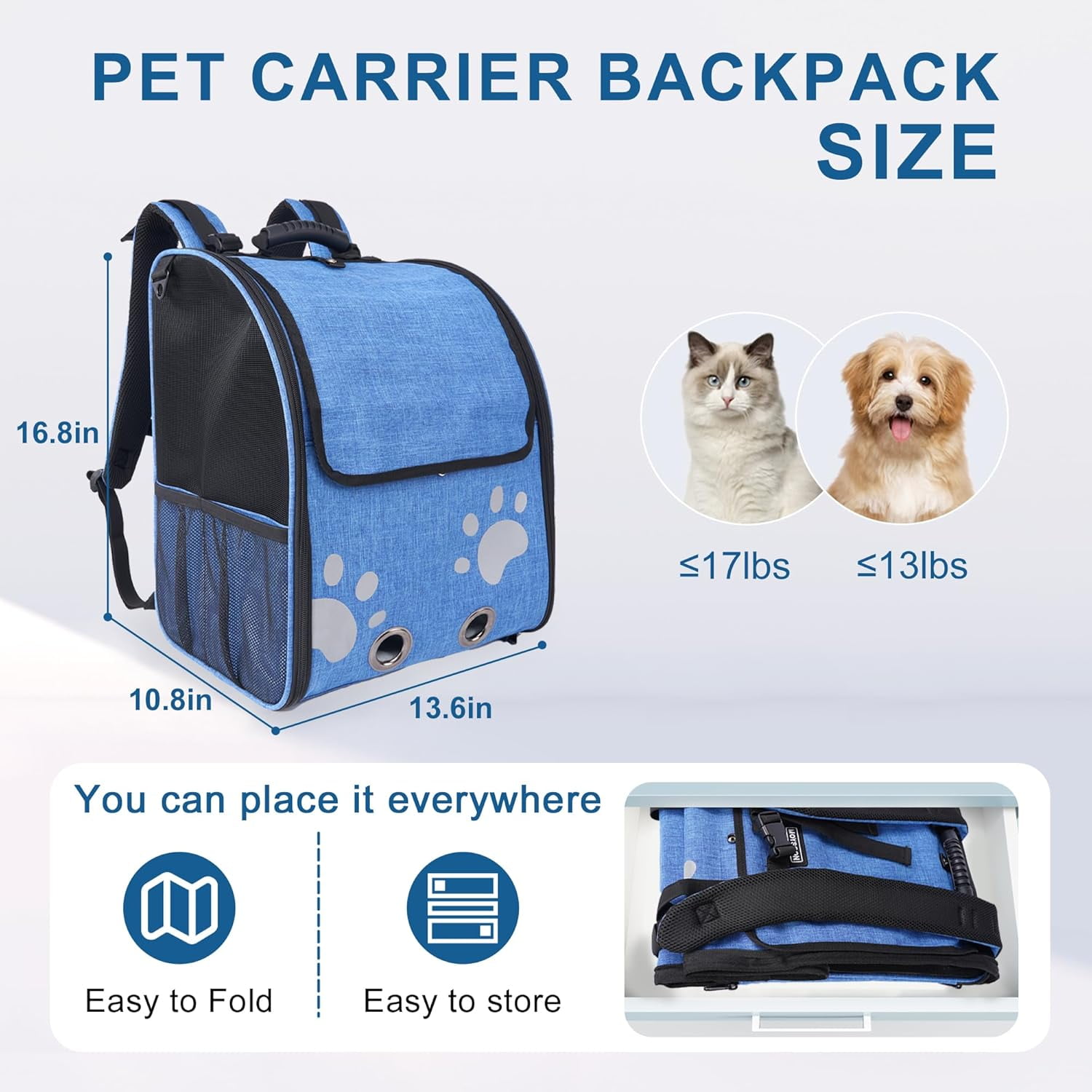 Cat Backpack Carrier, Breathable Cat Carrier Large Space UP 15 lb, Large Reflective Pet Carrier Backpack, Ventilated Mesh Dog Travel Pet Backpack for Hiking Walking Outdoor (Grey). - Image 12