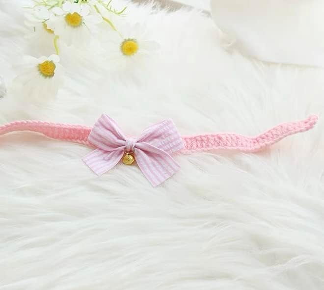 Wool Woven Bowknot Pet Bib Silent Bell Slim Collar Button Adjustment Cute Dress Up,Pink L - Image 2
