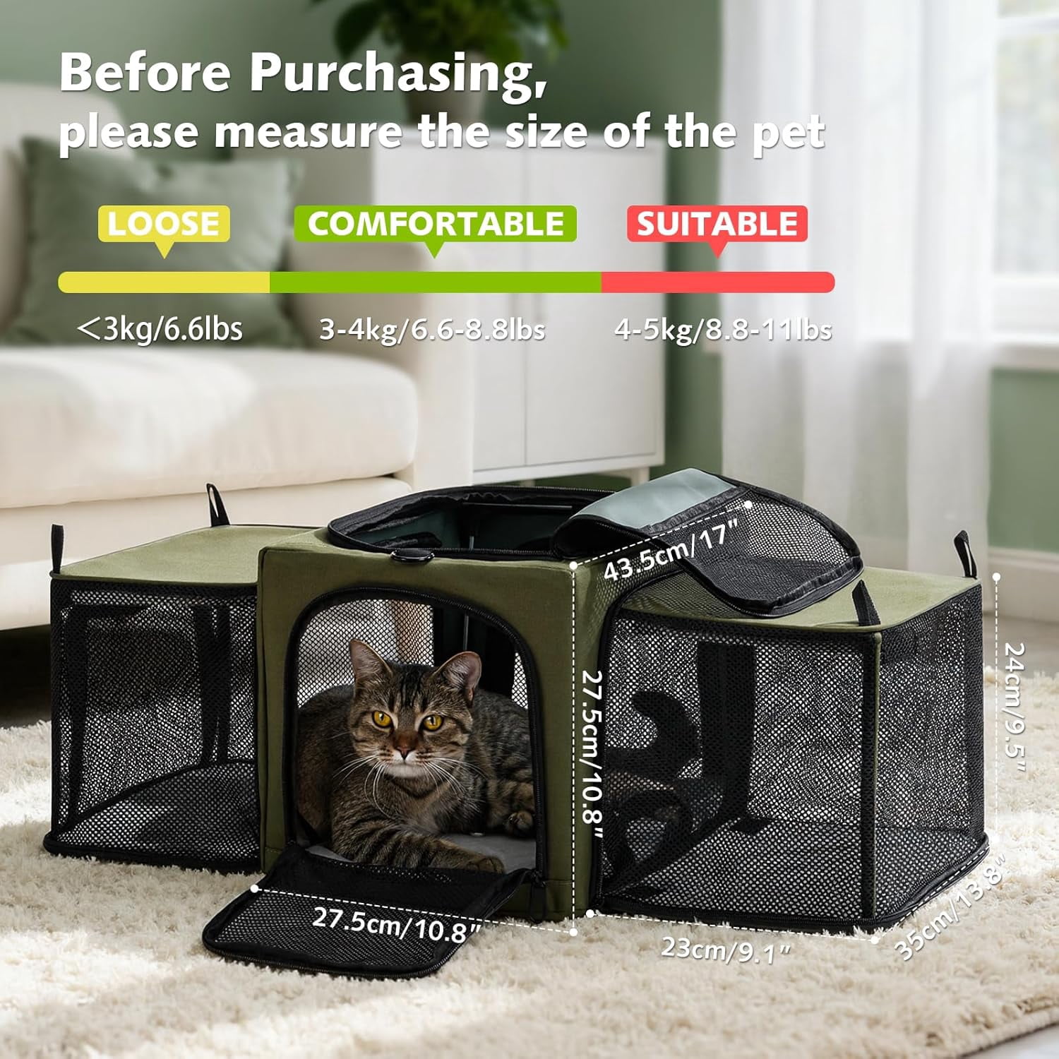 Cat Carrier Expandable, Dog Carrier with Stable Structure, Breathable Pet Carrier Bag Large Space, Cat Carriers Portable Suitable for Comfortable Travel, Dual Expandable Cat Carrier Bag, Green