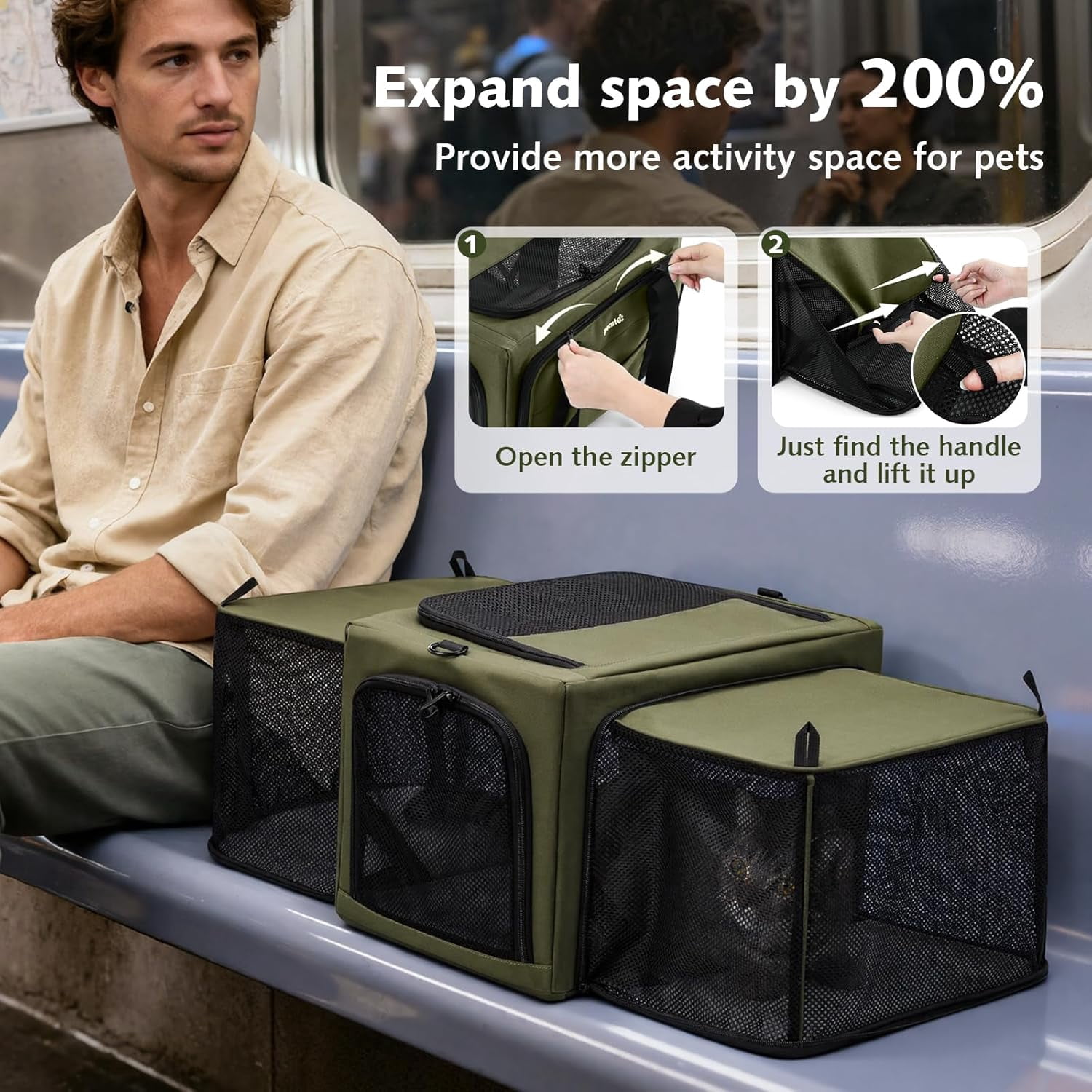 Cat Carrier Expandable, Dog Carrier with Stable Structure, Breathable Pet Carrier Bag Large Space, Cat Carriers Portable Suitable for Comfortable Travel, Dual Expandable Cat Carrier Bag, Green - Image 3