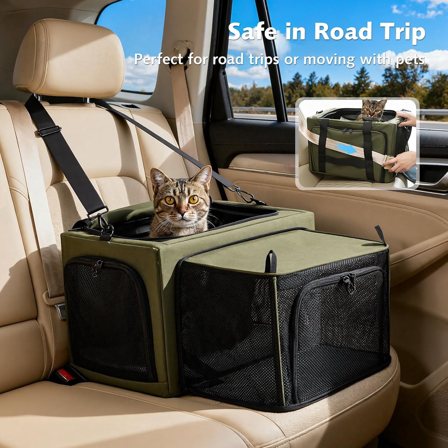 Cat Carrier Expandable, Dog Carrier with Stable Structure, Breathable Pet Carrier Bag Large Space, Cat Carriers Portable Suitable for Comfortable Travel, Dual Expandable Cat Carrier Bag, Green - Image 6