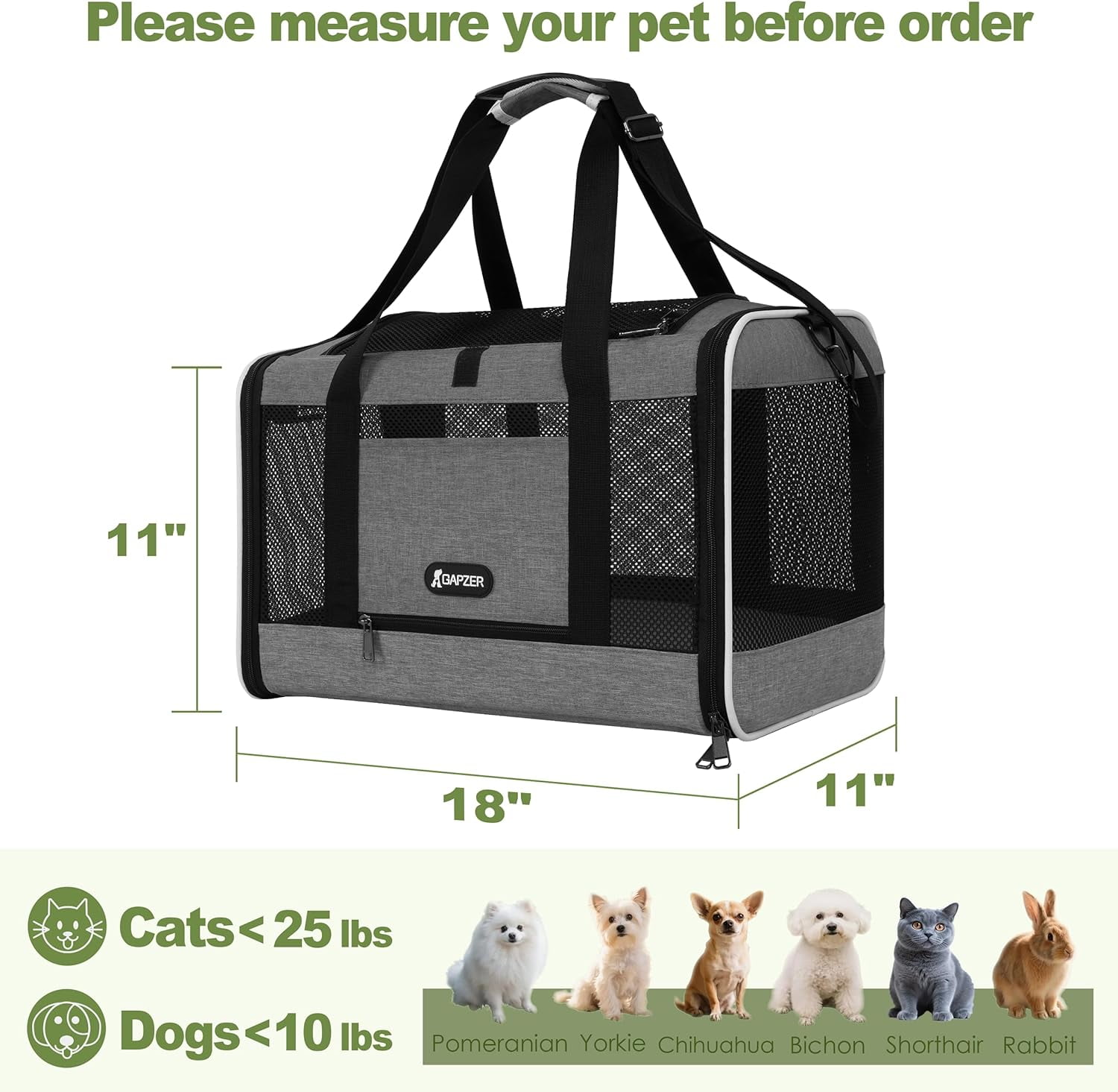Soft-Sided Pet Carrier 18x11x11 Inch Collapsible Dog Cat Travel Bag for 15 lbs and Under 10 lbs