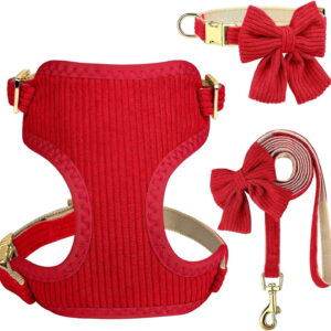 Cute Small Dog Harness Collar and Leash Set with Bowtie, Breathable Soft Mesh Padded Puppy Harness, Christmas Dog Harness for for Parties, Holiday Gatherings & Gifts, Red, S