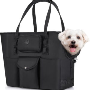 Dog Purse Carrier - Portable Dog Carrier with Pockets & Safety Leash for Small Dogs Under 12 lbs, Breathable Pet Tote Bag for Cat Rabbit Outing, Travel, Vet (Black)