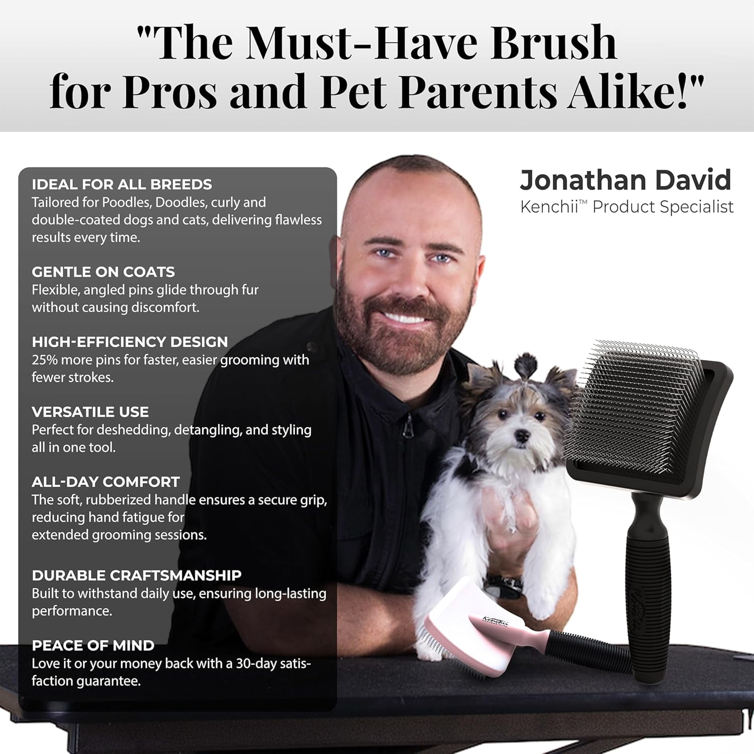 Long Pin Slicker Brush for Dogs (Poodles, Doodles, Goldendoodles, Labradoodles), Professional Grooming Brush for Detangling, Fluffing & Dematting, Non-Slip Comfort Handle (Black) - Image 2