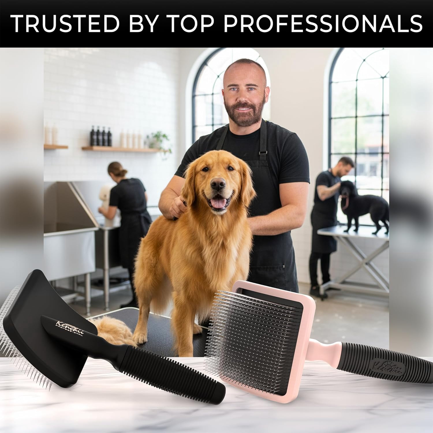 Long Pin Slicker Brush for Dogs (Poodles, Doodles, Goldendoodles, Labradoodles), Professional Grooming Brush for Detangling, Fluffing & Dematting, Non-Slip Comfort Handle (Black) - Image 5