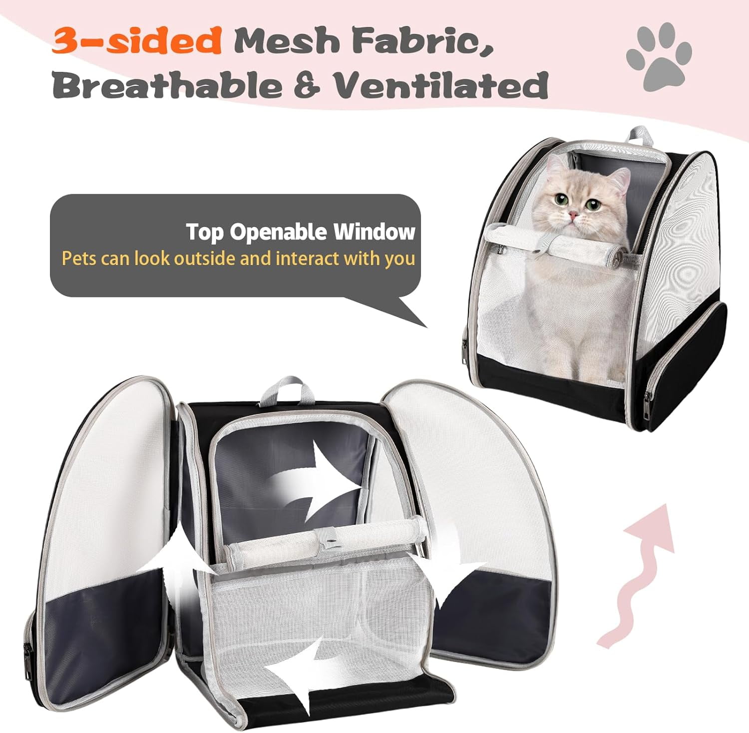 Cat Backpack Carrier,Pet Carrier Airline Approved for Small Dog Cat Puppy Kitten Bunny,Ventilated Mesh Design Animal Backpack for Hiking Camping Travel Bag (Black) - Image 3
