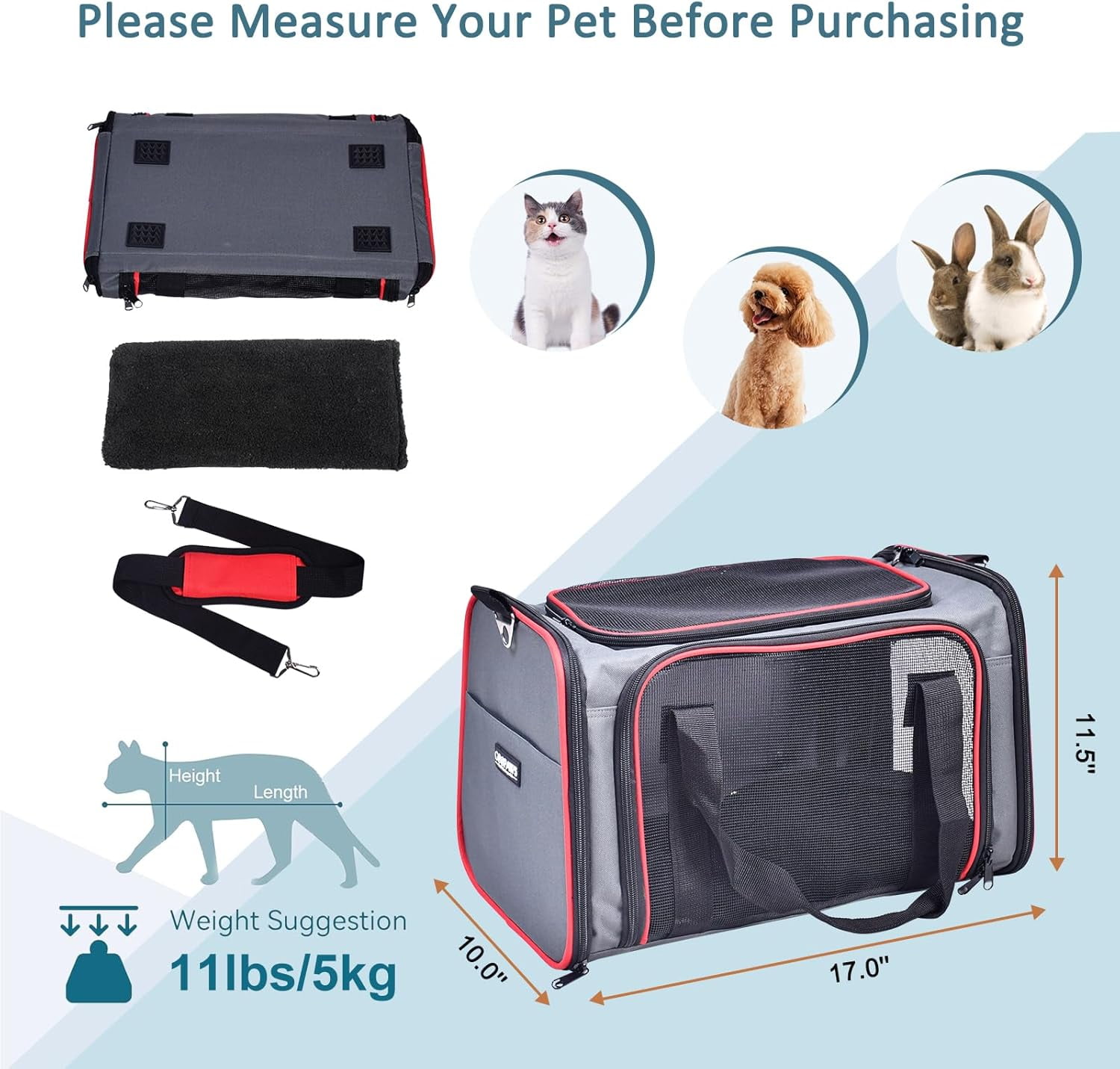Soft-Sided Airline Approved Pet Carrier for Small Dogs & Cats, Collapsible Travel Bag with Ventilation & Safety Straps - Image 4