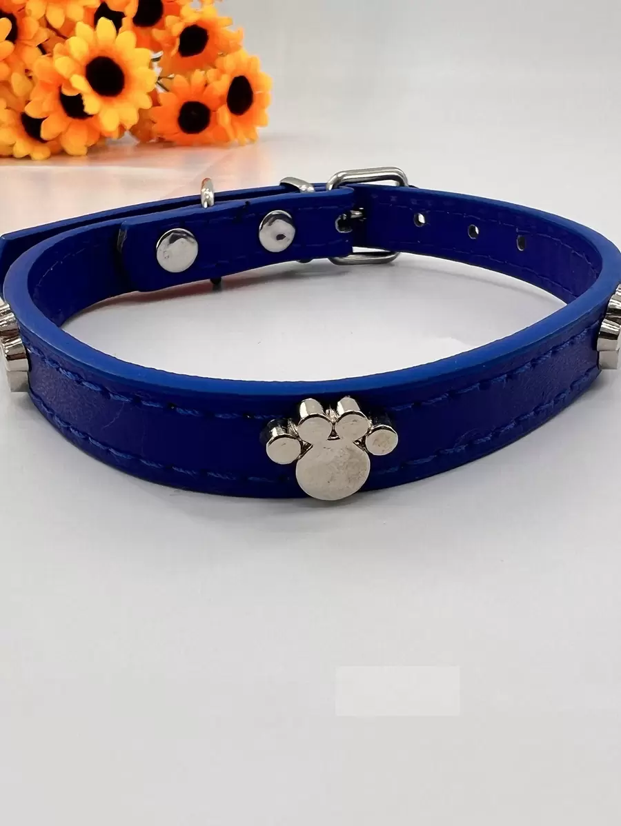 1pc Blue Paw Print Pet Collar – Cowhide Leather, Hair-Friendly, Ideal for Teddy, Poodle, Small & Medium Dogs