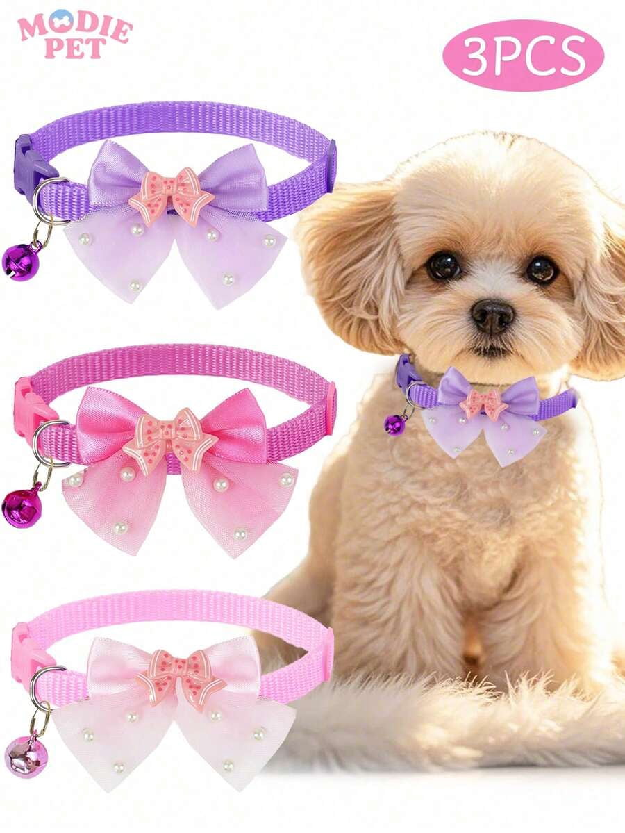 1pc or 3pcs Set Cute Shiny Bow Bell Pet Collar for Cats & Dogs – Stylish Daily Wear, Adjustable & Comfortable