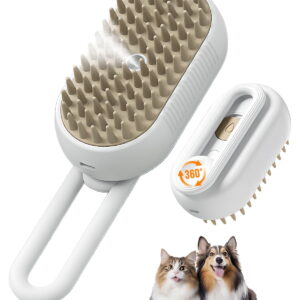 3-in-1 Pet Steam Brush with Spray Water Tank, USB Rechargeable Cat Grooming Comb for Shedding & Tangled Hair, 360° Rotating Silicone Massage Brush for Dogs & Cats (White)