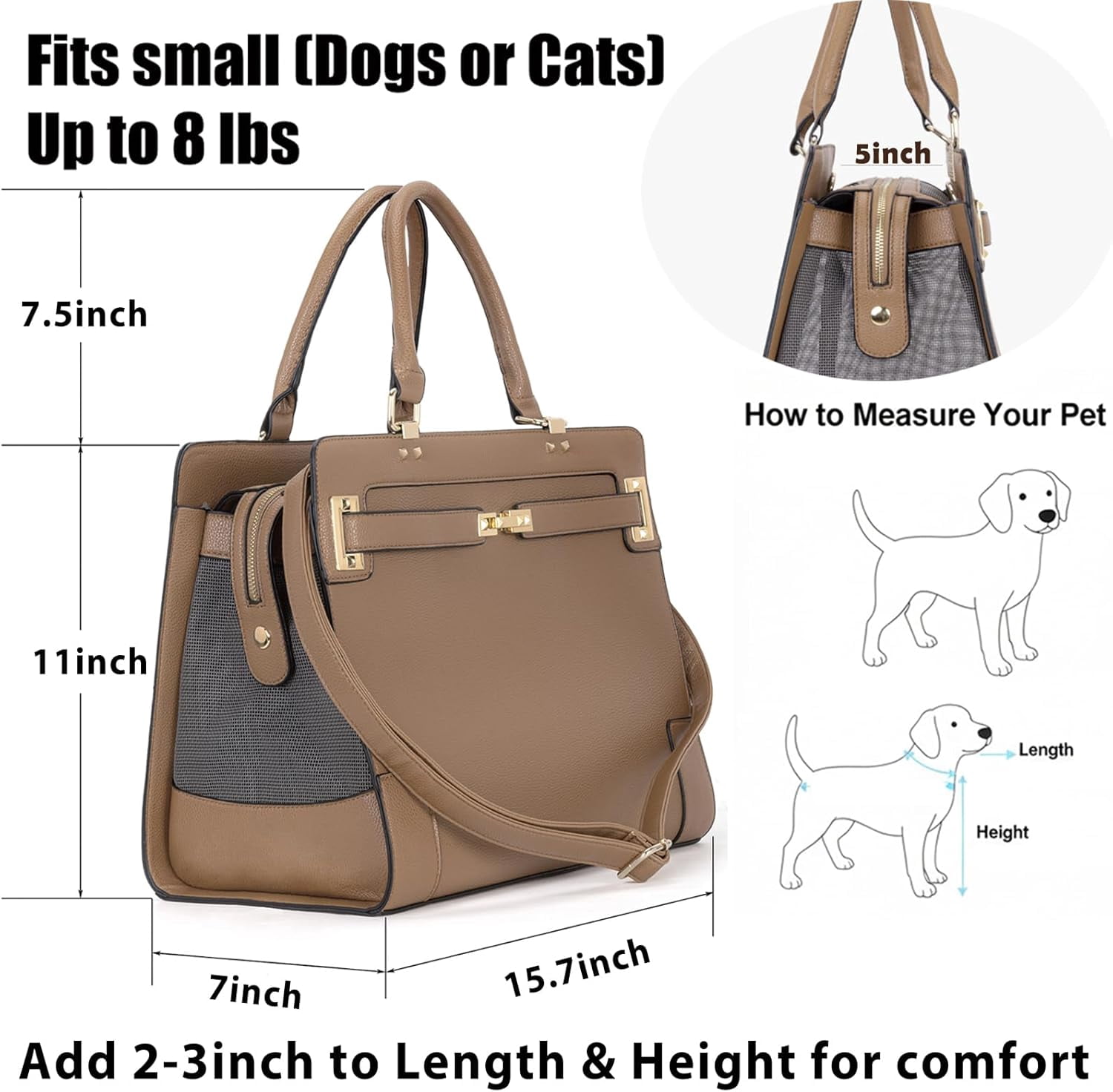 Fashion Pet Carrier Dog Cat Carrier Purse Soft-Sided Leather Handbag Pet Tote Bag for Small Dogs Puppy and Cats TSA Airline Approved (Khaki) - Image 3