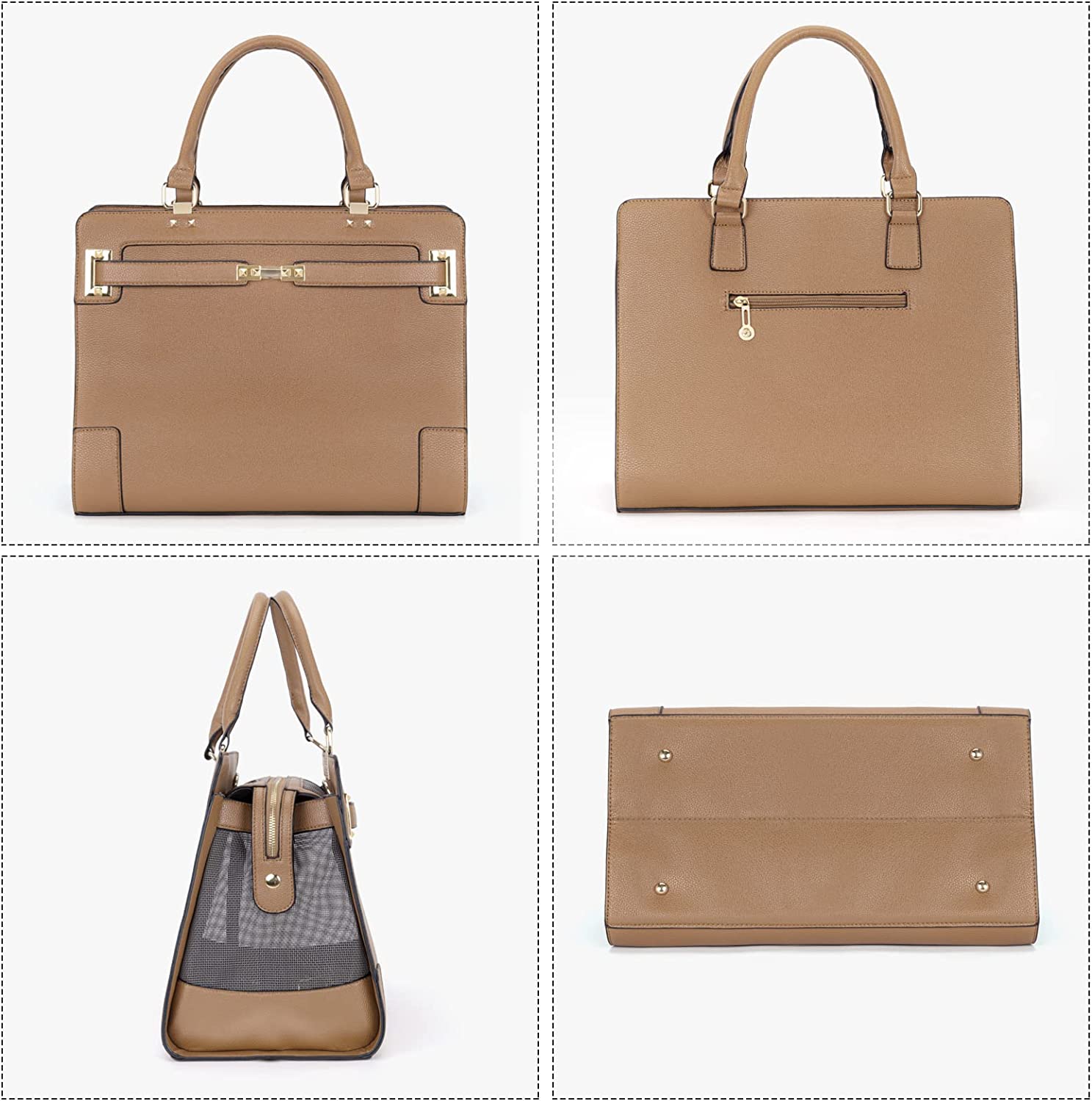 Fashion Pet Carrier Dog Cat Carrier Purse Soft-Sided Leather Handbag Pet Tote Bag for Small Dogs Puppy and Cats TSA Airline Approved (Khaki) - Image 4