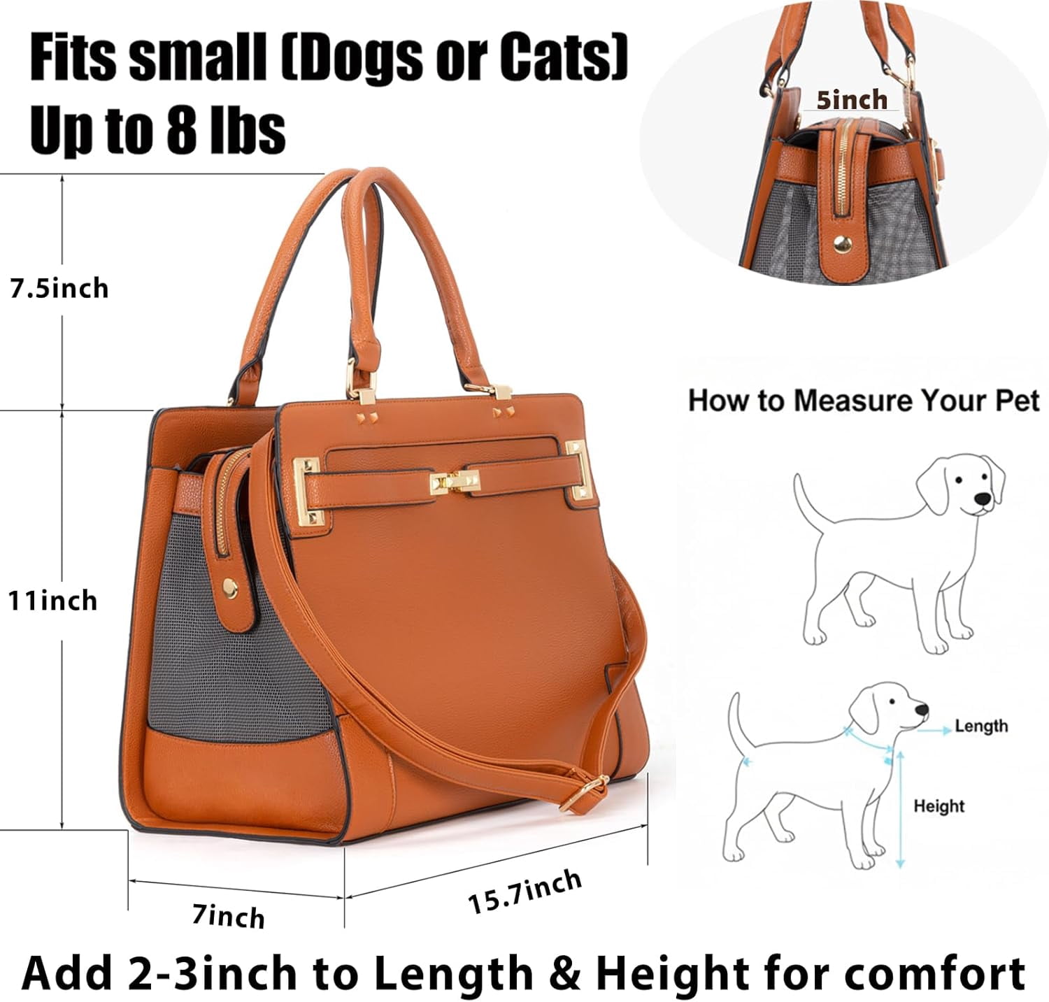 Fashion Pet Carrier Dog Cat Carrier Purse Soft-Sided Leather Handbag Pet Tote Bag for Small Dogs Puppy and Cats TSA Airline Approved (Khaki) - Image 15