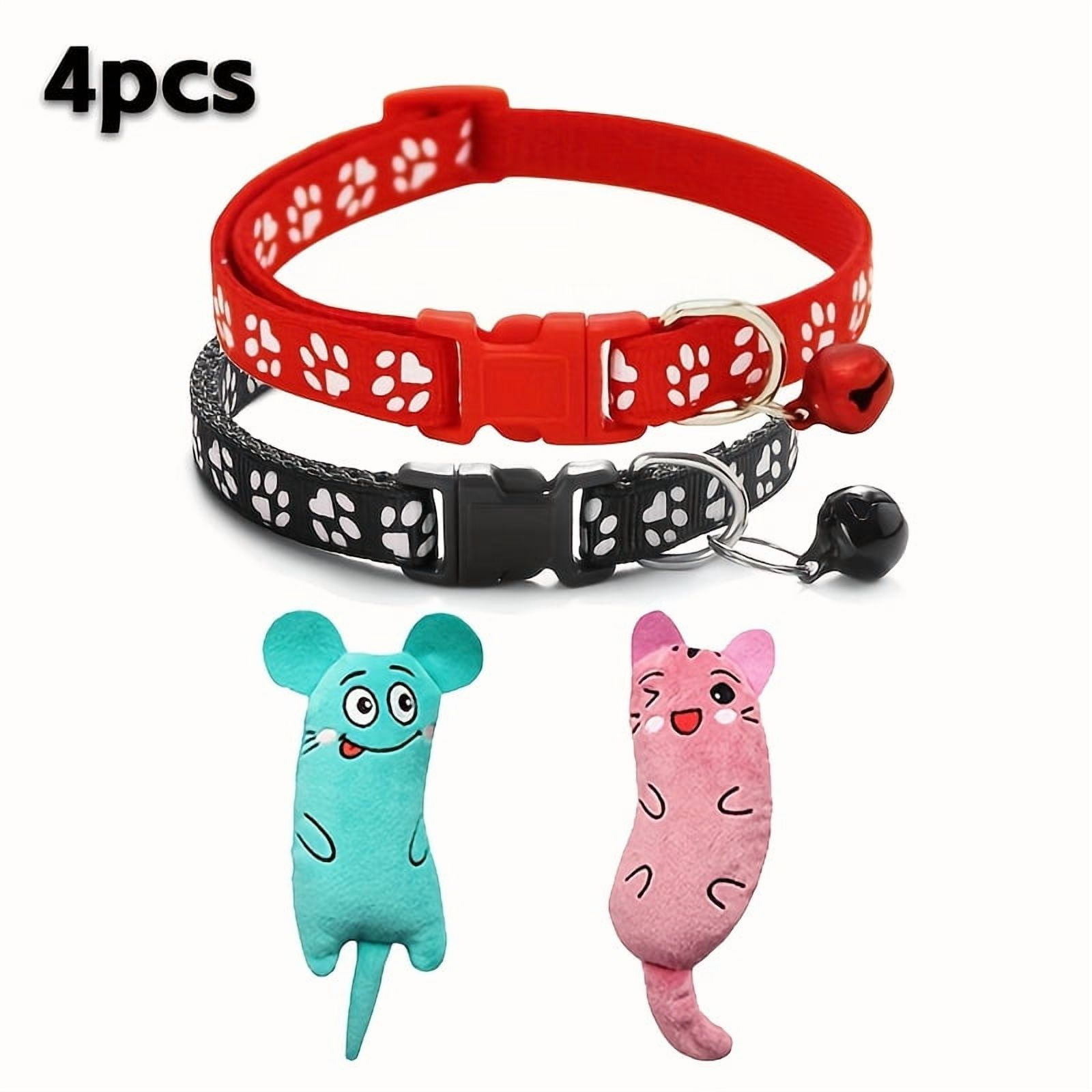 4-Piece Pet Accessory Set - Includes 2 Adjustable Pet Collars (7.48-12.6 Inch) with Bells for Cats & Small Dogs + 2 Interactive Plush Toys