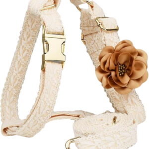 Dog Harness and Leash Set, Adjustable Cotton Embroidered No-Pull Harness with Metal Clasp, Pet Outfit for Wedding Birthday Party, M Size