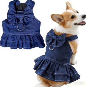 Pet Dog denim Clothes,Puppy Denim Dress with D-Ring & Cute Bowknot Costume for Small Dogs & Cats,T-Shirt Stylish Pet Summer Apparel & Dog Harness Dress